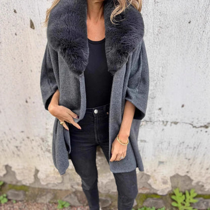 Dames Élégante Veste en Laine avec Col en Fourrure Synthétique Luxueux Chic und Stil