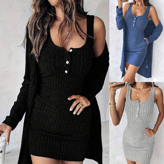 Robe en tricot pour femmes avec détails de boutons et cardigan assorti Chic und Stil