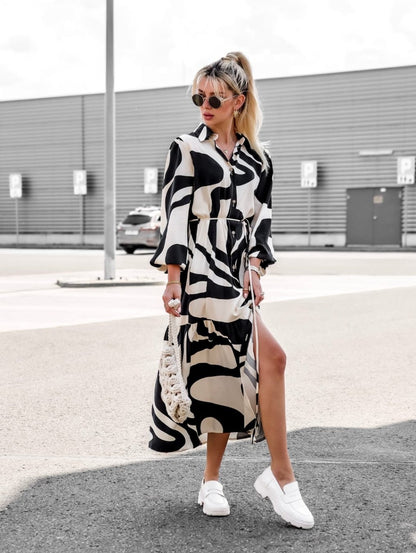 Robe chemise maxi dames avec détail de ceinture et ourlet fluide Chic und Stil