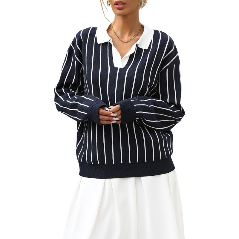 Pull en tricot pour dames avec col élégant et motif rayé Chic und Stil