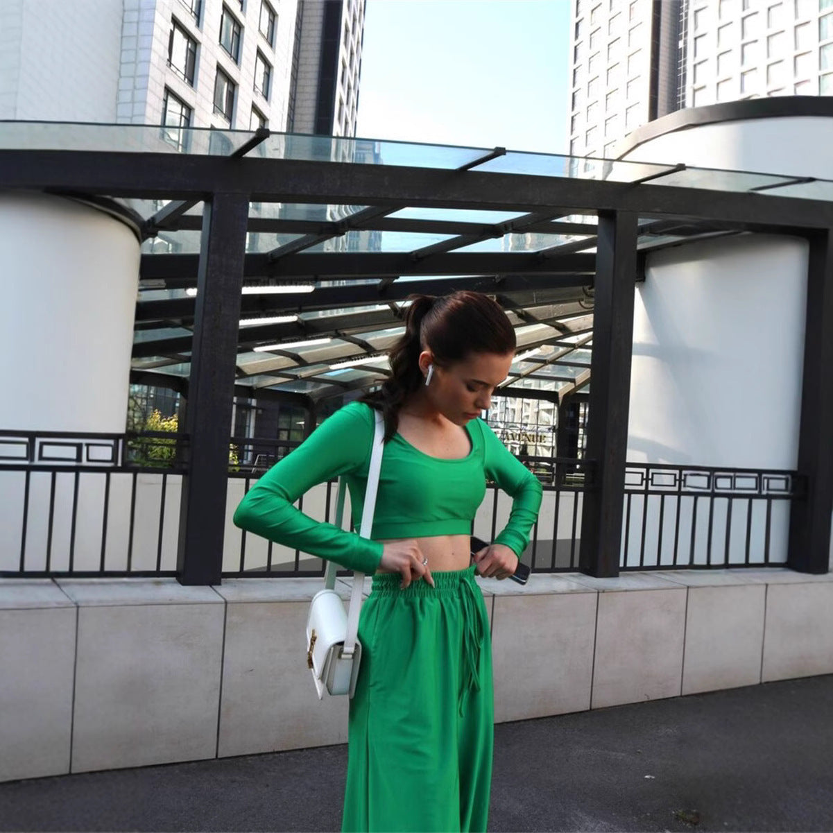 Ladies trendy top with high waist wide pants chic and style