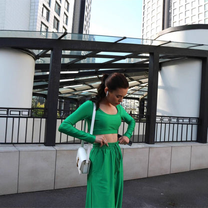 Ladies trendy top with high waist wide pants chic and style