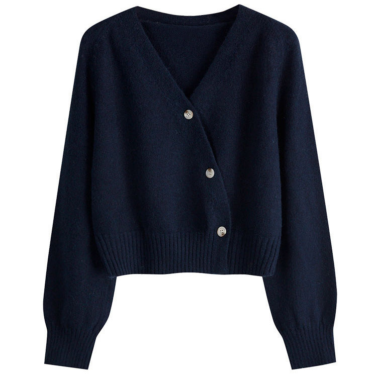 Dames chandail en tricot court douillet avec décolleté en V profond et gros boutons Chic und Stil