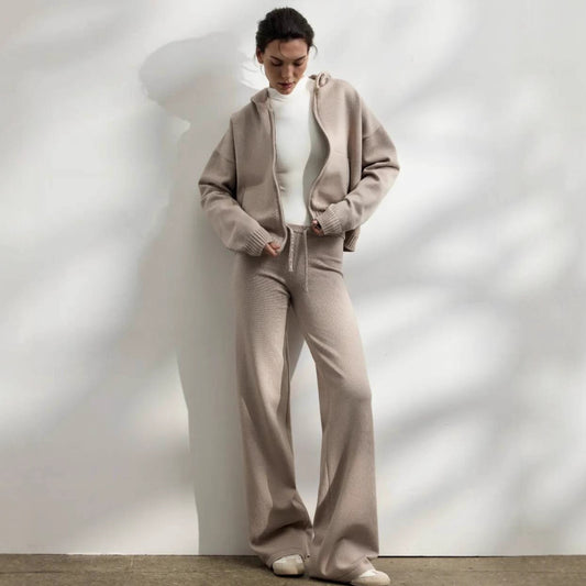 Casual knit outfit for women with hoodie jacket and comfortable palazzo pants Chic and Style