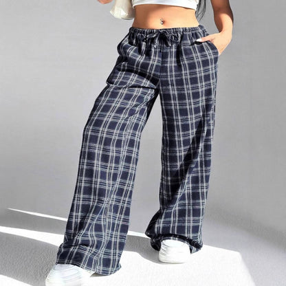 Wide plaid casual pants for women with elastic waistband and drawstring Chic und Stil