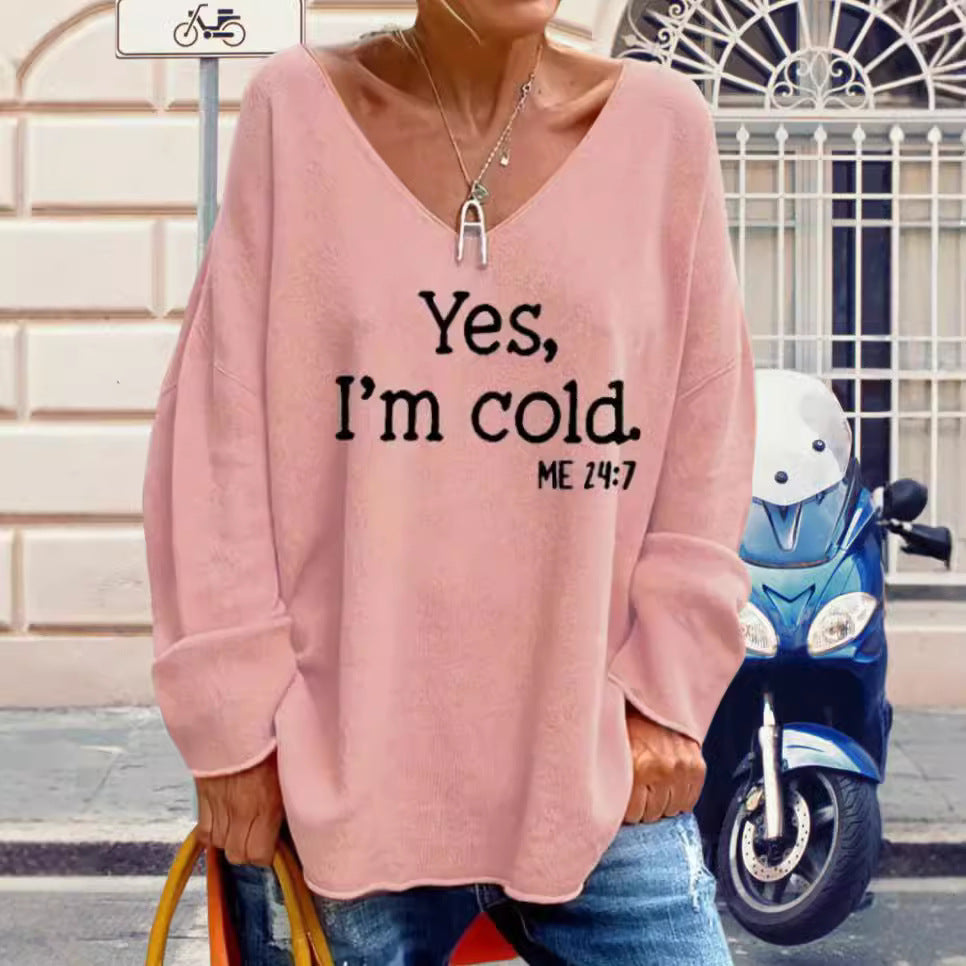 Dames pull oversized avec décolleté en V moderne et statement imprimé Chic und Stil