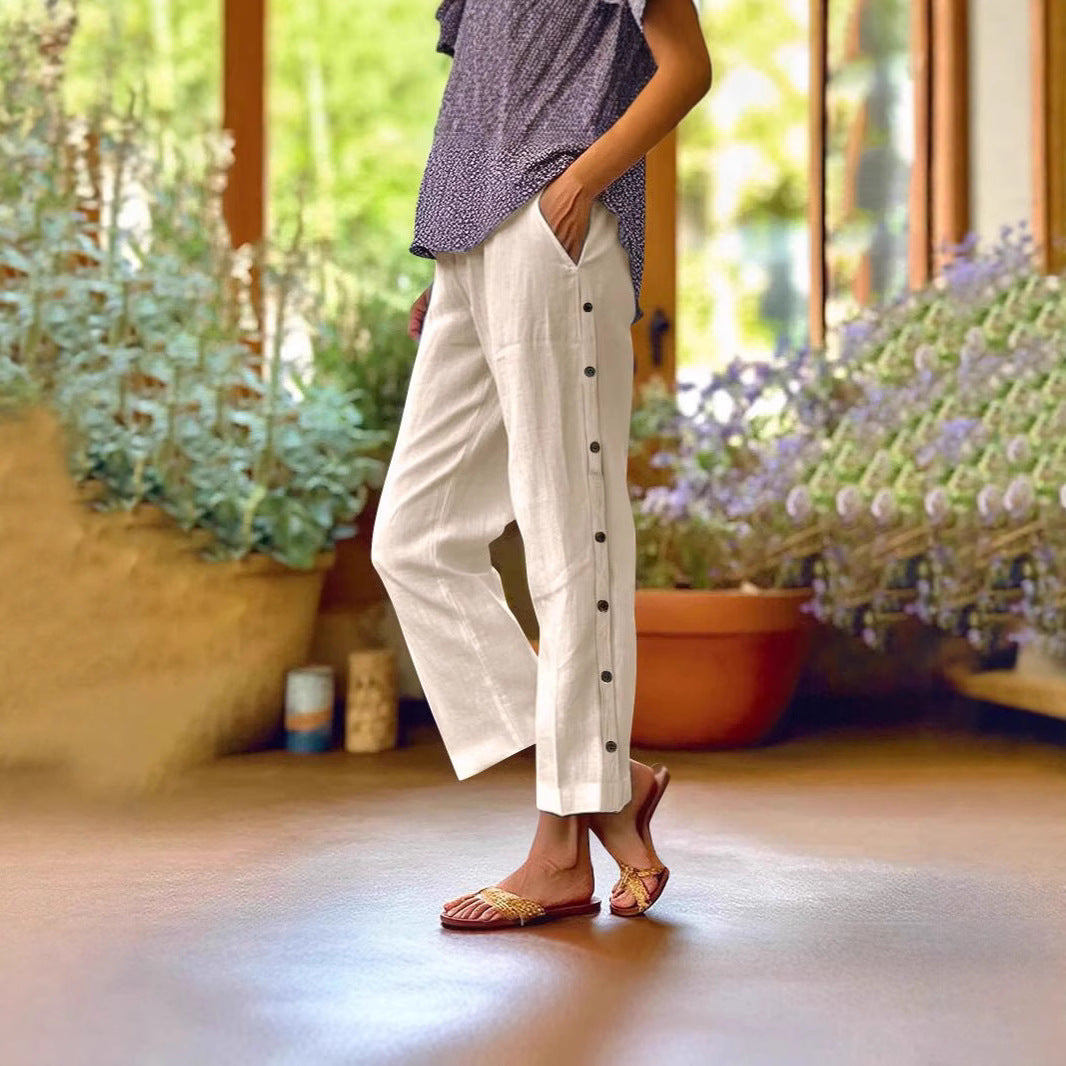 Comfortable linen pants for women with button details Chic and Style