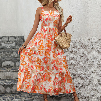 Robe maxi florale à volants pour femmes avec bretelles spaghetti réglables Chic und Stil