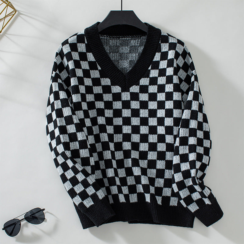 Pull femme décontracté à col en V avec motif à carreaux et coupe ample Chic und Stil