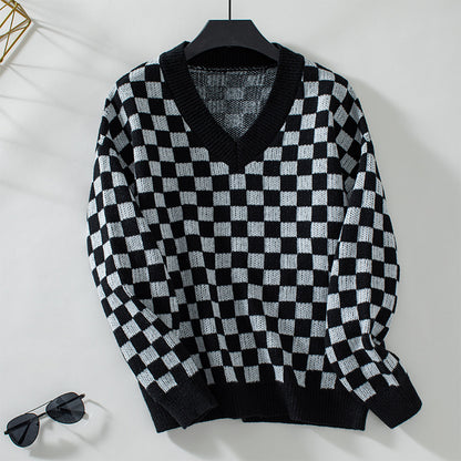 Pull femme décontracté à col en V avec motif à carreaux et coupe ample Chic und Stil
