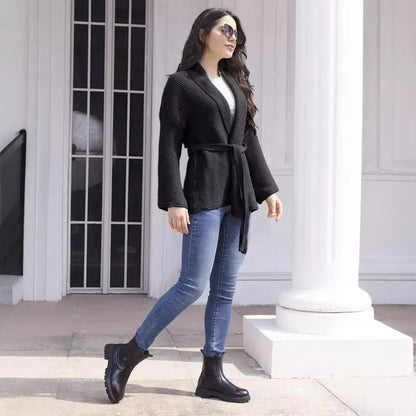 Dames gros tricot cardigan avec ceinture à la taille et devant ouvert Chic und Stil