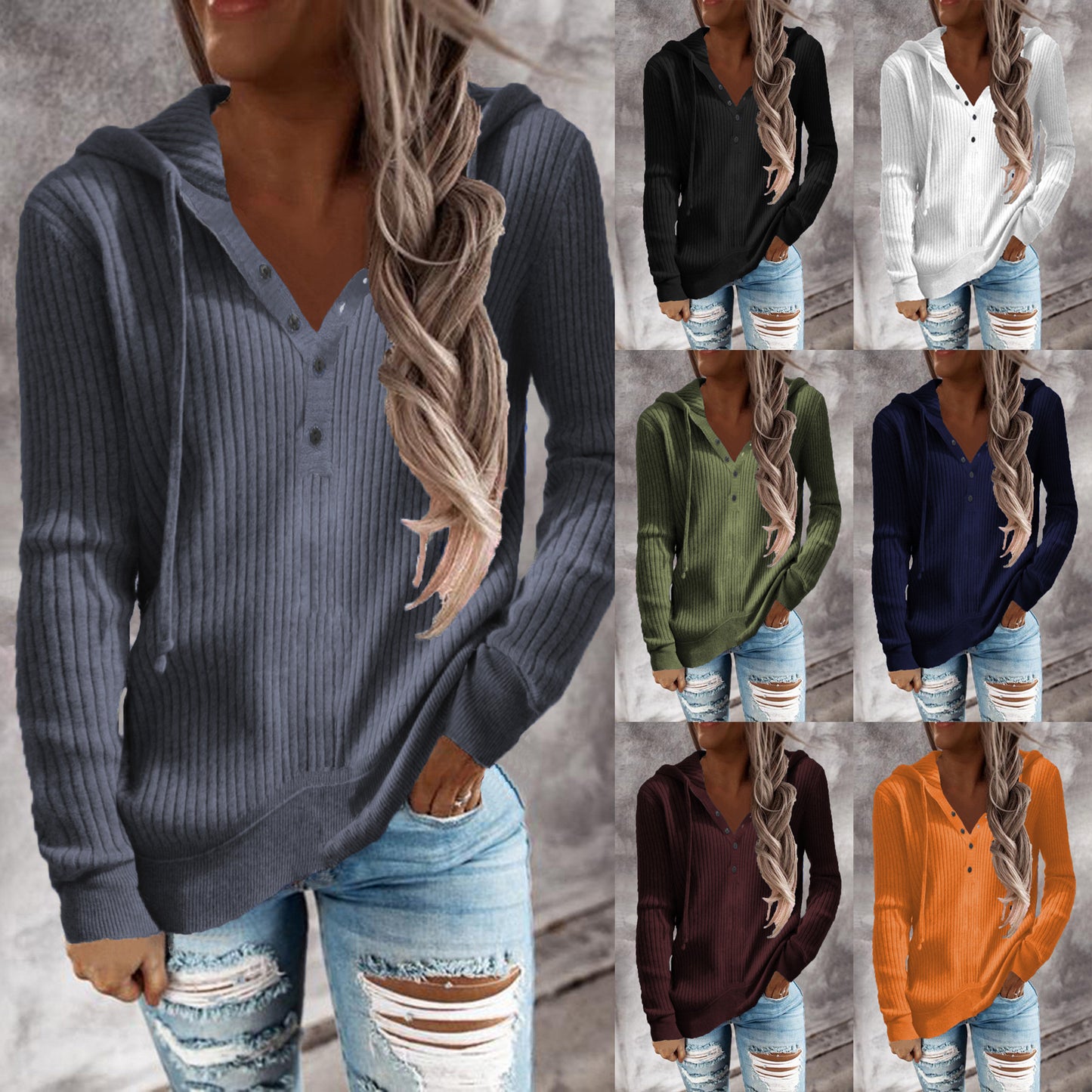 Sweat à capuche pour femmes au design ribbed à la mode avec patte de boutons Chic und Stil
