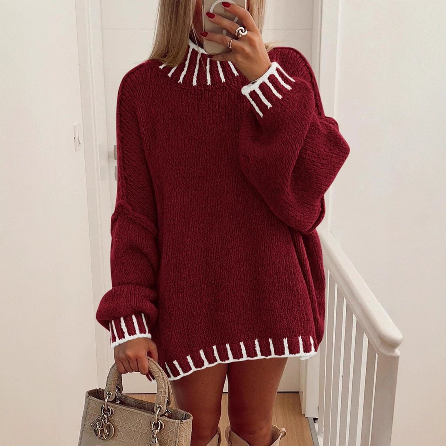 Pull en gros tricot décontracté pour femmes avec motif rayé moderne Chic und Stil
