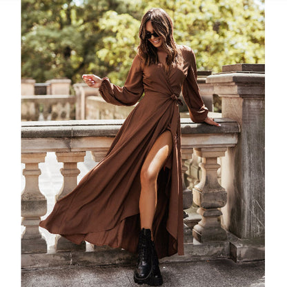Robe maxi à manches longues pour femmes avec ceinture à la taille et élégants détails en volants Chic und Stil