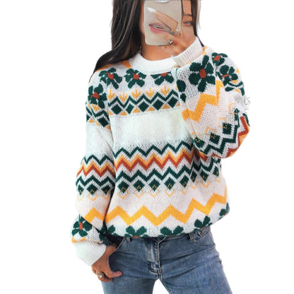 Dames gros tricot pull avec motif zigzag coloré et accents floraux Chic und Stil