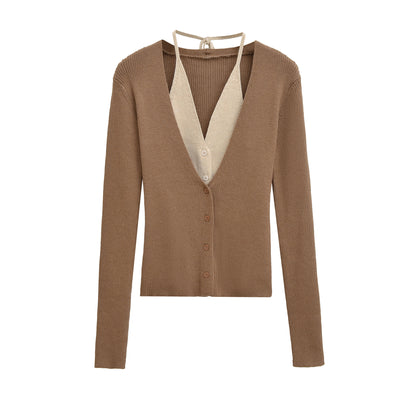 Dames élégant cardigan en tricot avec décolleté en V profond et doublure contrastante Chic und Stil