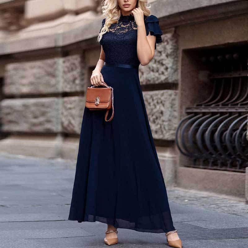 Robe maxicôtel élégante en dentelle et chiffon pour dames Chic und Stil