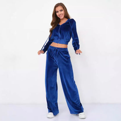 Dames Ensemble de loungewear en velours luxueux avec capuche et taille élastique Chic und Stil
