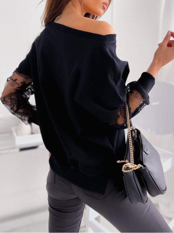 Dames Élégant Top à Manches en Dentelle Off-Shoulder Chic und Stil
