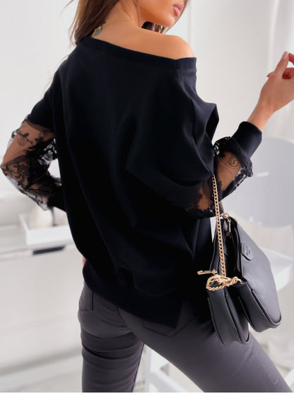 Dames Élégant Top à Manches en Dentelle Off-Shoulder Chic und Stil