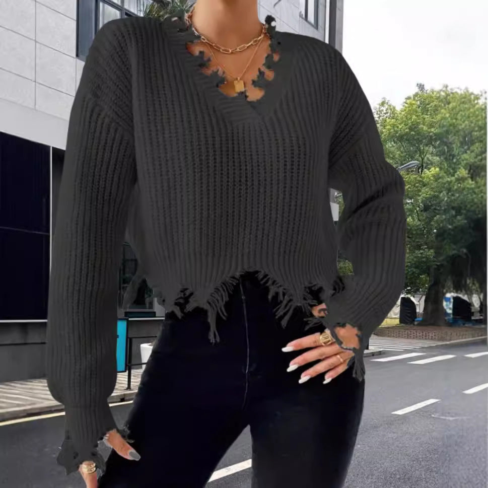 Pull-over en tricot oversize pour femmes avec ourlet à franges et décolleté raffiné Chic und Stil