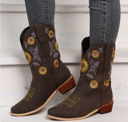 Bottes de cowboy pour femmes avec design floral brodé et robuste talon bloc Chic und Stil