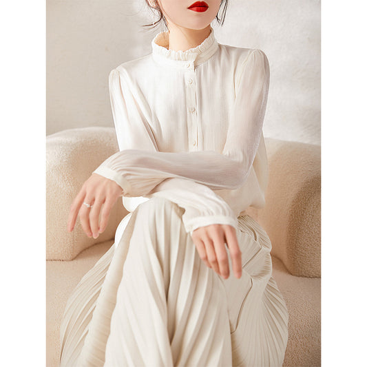 Blouse à col montant à volants pour femmes Chic und Stil