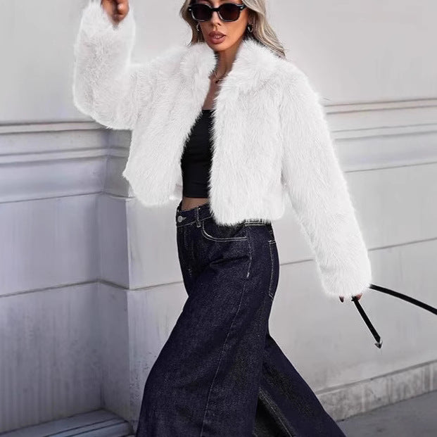 Ladies Short and Plush Faux Fur Jacket Chic and Style