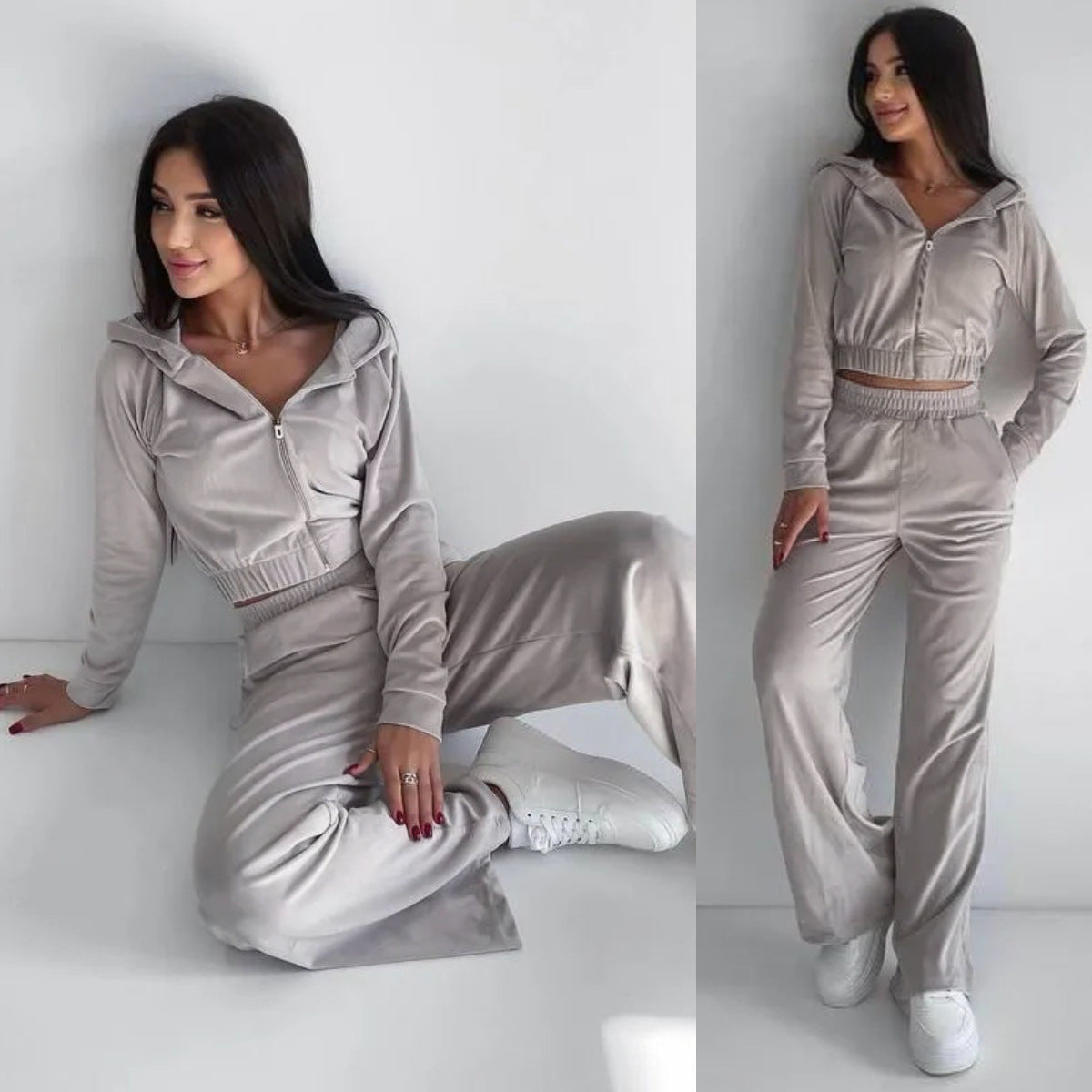 Chic and Style women's trendy cropped velvet hoodie set and loose athletic pants