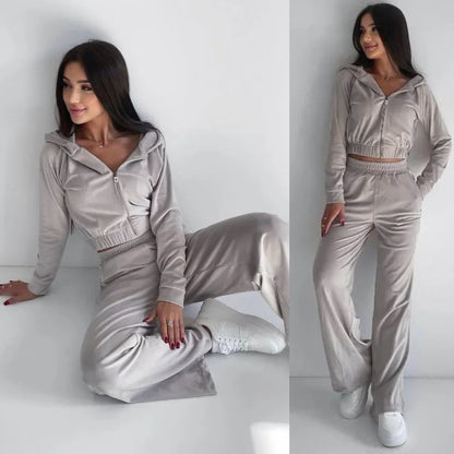 Chic and Style women's trendy cropped velvet hoodie set and loose athletic pants