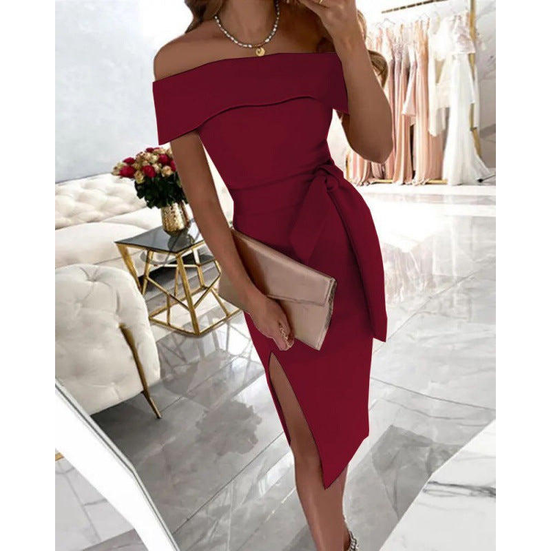 Robe bodycon élégante pour femmes à épaules dénudées avec fente latérale et détail de nœud Chic und Stil
