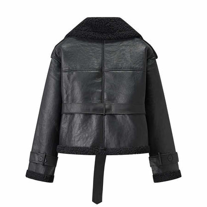 Dames élégante veste en simili cuir avec doublure en fourrure chaude et poches pratiques Chic und Stil