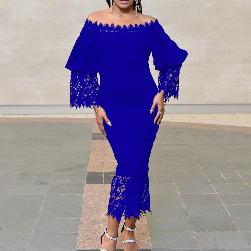 Robe off-shoulder pour femmes avec manches en dentelle et ourlet asymétrique Chic und Stil