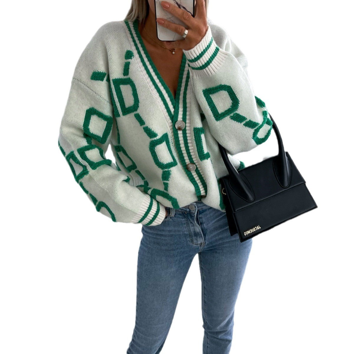 Cardigan en tricot épais pour femmes avec un motif graphique unique et des détails de boutons classiques Chic und Stil