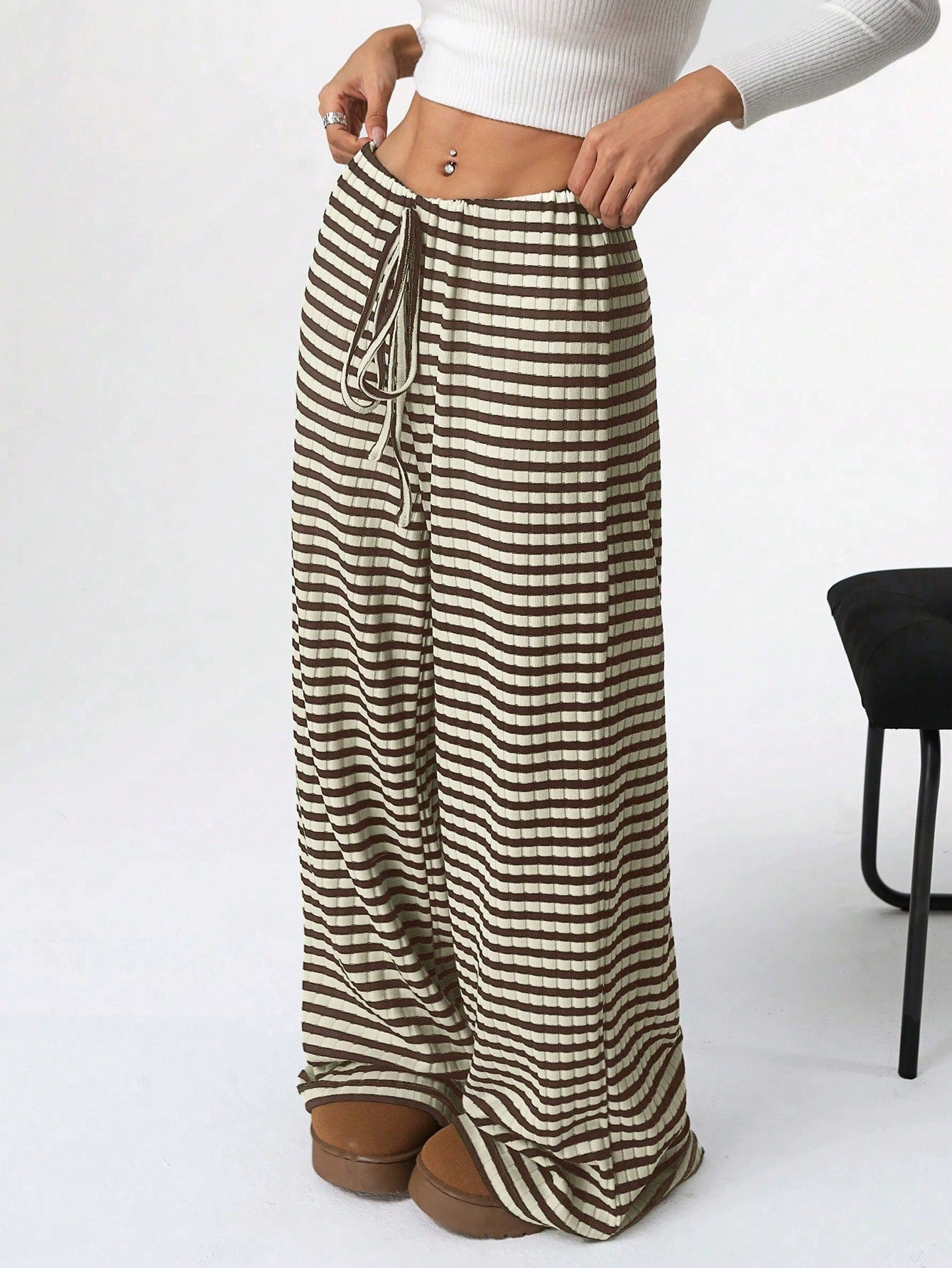Wide striped palazzo pants in lightweight cotton for women with tie belt Chic and Style