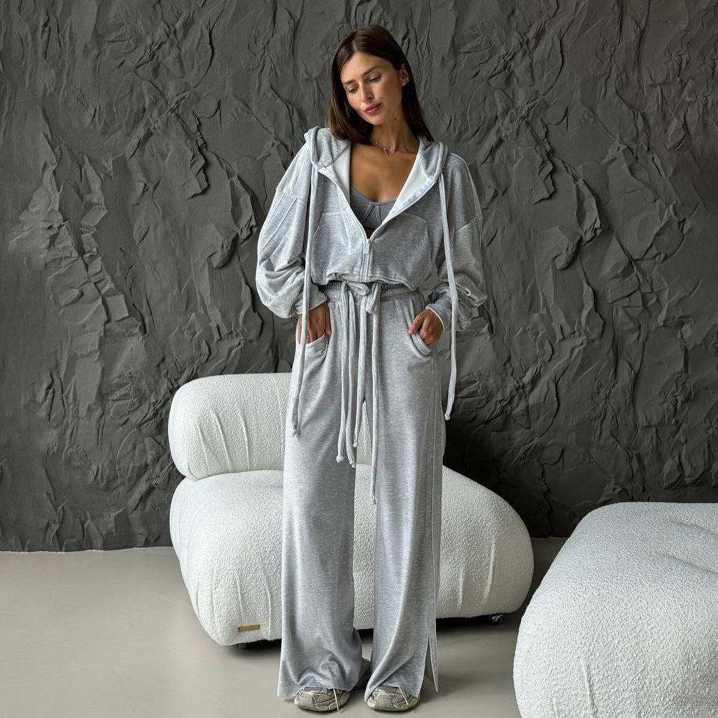 Women's sporty lounge set with comfortable hoodie and chic wide leg pants style