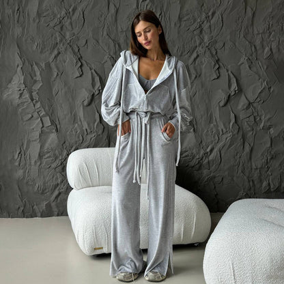 Women's sporty lounge set with comfortable hoodie and chic wide leg pants style