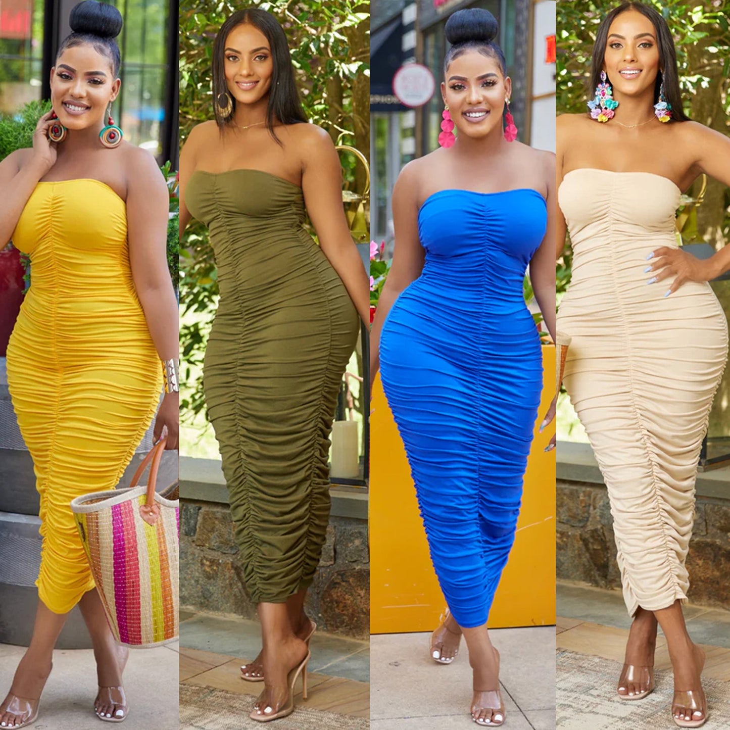 Robe midi sans bretelles froncée Chic und Stil