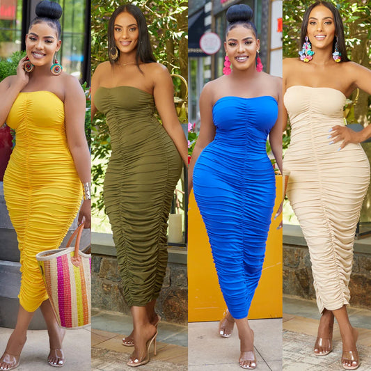 Robe midi sans bretelles froncée Chic und Stil