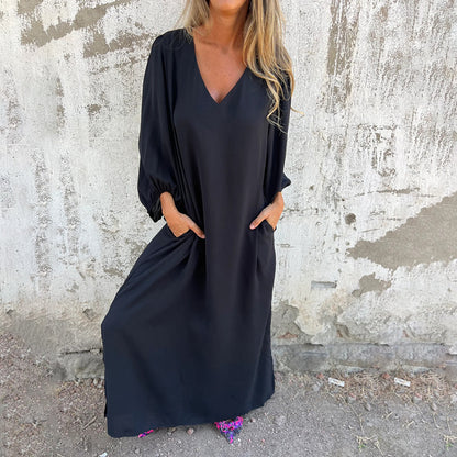 Femmes Robe Midi Élégante avec Décolleté en V et Manches Bouffantes Chic und Stil