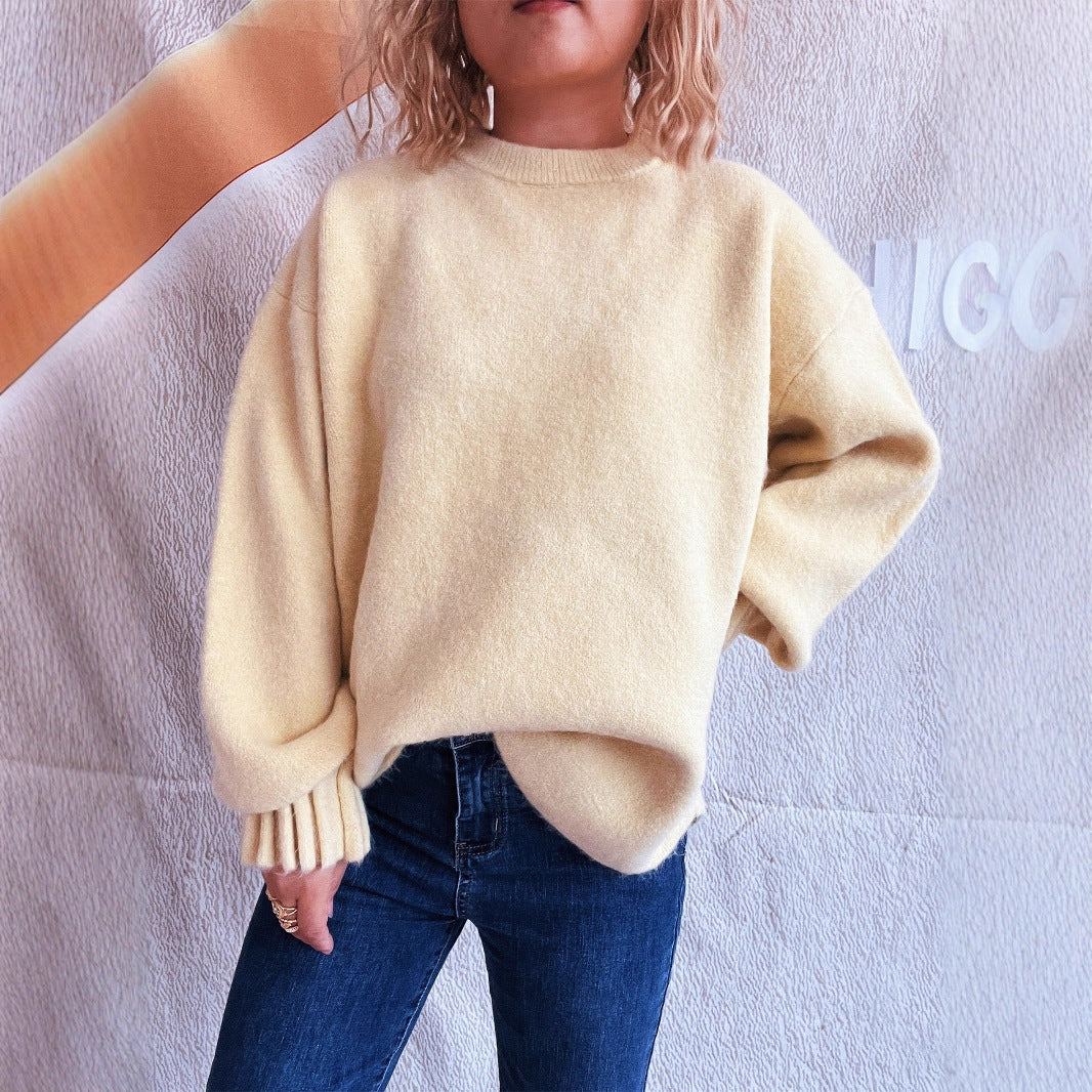 Pull en tricot décontracté pour femme avec col rond large et texture floconneuse Chic und Stil