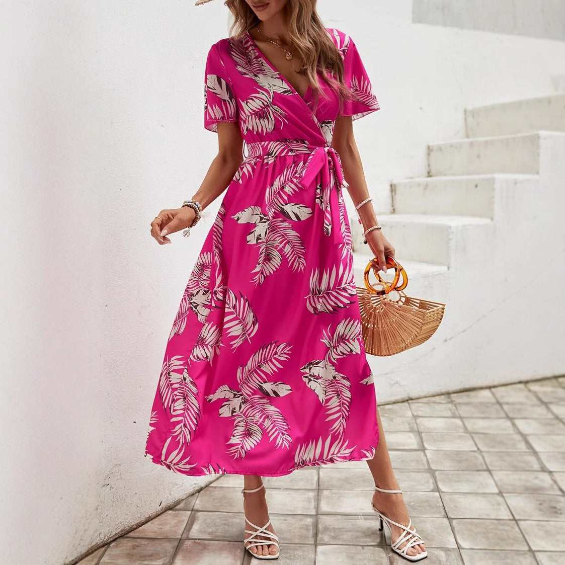 Robe maxi portefeuille pour femmes avec imprimé floral et fente haute Chic und Stil