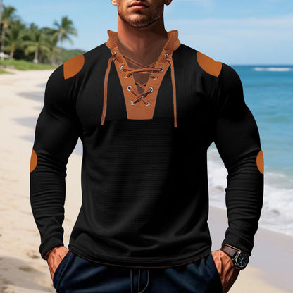 Chemise Henley décontractée à manches longues pour hommes avec un design de lacet original et des patchs de coude contrastants Chic und Stil