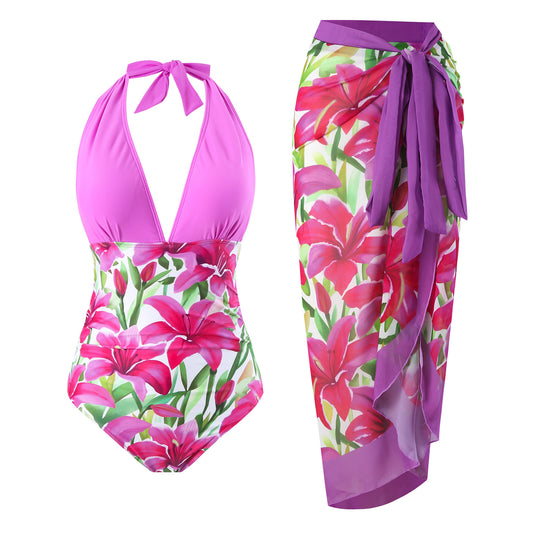 Maillot de bain une pièce pour femme avec jupe portefeuille florale et décolleté plongeant Chic und Stil