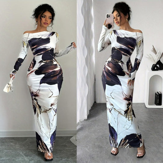 Robe maxi élégante pour femmes avec impression artistique originale et design sans épaules Chic und Stil