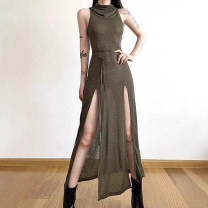 Dames Élégante Robe Maxi avec Haute Fente et Capuche Chic und Stil