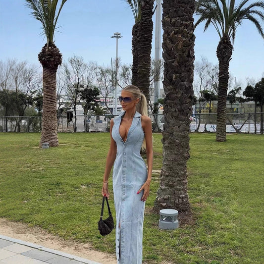 Robe maxi en jean pour femmes avec patte de boutonnage et col haut Chic und Stil