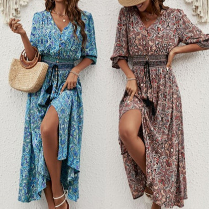 Dames Élégant Bouton-Up Maxi Robe avec Fente Latérale et Taille à Cordon Chic und Stil
