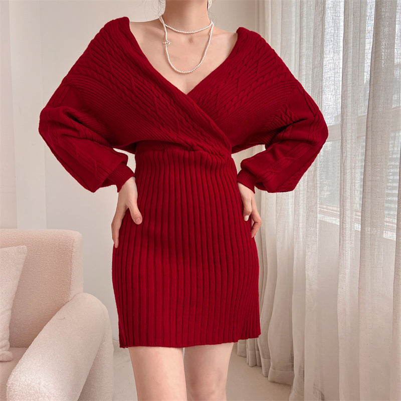 Dames Élégante robe en tricot avec décolleté en V et haut texturé Chic und Stil