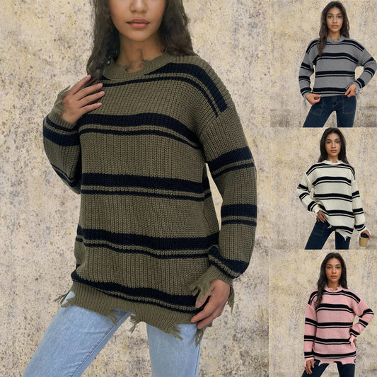 Pull oversized en grosse maille pour femmes avec franges et rayures transversales Chic und Stil